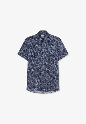 Navyblauw overhemd met korte mouwen, knopen, klein wit bloemenpatroon en een klassieke kraag.