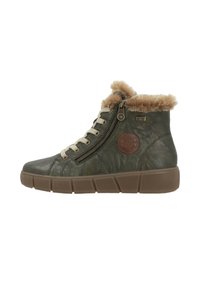 Baskets montantes en cuir vert avec bordure en fausse fourrure marron, fermeture éclair sur le côté et lacets beiges. Présentent une surface texturée et un emblème circulaire de marque.