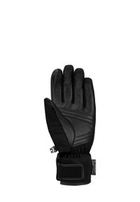 Guantes negros con palma y dedos de cuero, parte posterior de textil, correas ajustables en la muñeca, puño elástico y detalles cosidos en la palma.