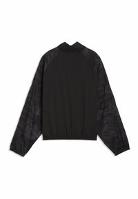 Μαύρο μπουφάν τύπου bomber με διάφανα μανίκια με μοτίβο, ελαστική μέση και ψηλό γιακά. Διαθέτει απαλό ύφασμα και σχεδιασμό με άνετη εφαρμογή.
