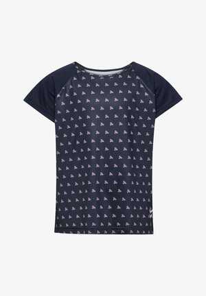 Granatowy t-shirt z krótkim rękawem w jasnoróżowy kwiatowy wzór, z okrągłym dekoltem i gładką teksturą. Styl sportowy.