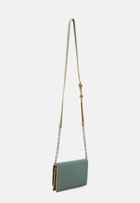 Borsa a tracolla verde menta realizzata in materiale liscio, con una tracolla a catena e dettagli in contrasto color marrone chiaro, caratterizzata da una forma rettangolare slim.