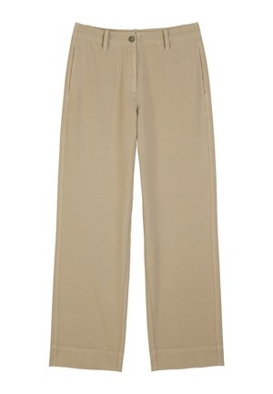 Väriset leveät, beige byxor med rak skärning, tillverkade av mjukt tyg. Har en enda knäppning och två sidofickor.