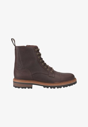 Bottines en cuir marron avec une finition texturée, à lacets sur le devant, avec un embout renforcé et une semelle robuste avec des crampons prononcés.