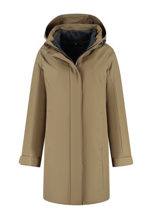 Lichtbruin lange winterjas met capuchon en zwarte binnenvoering, voorkant met rits en drukknoopsluiting.