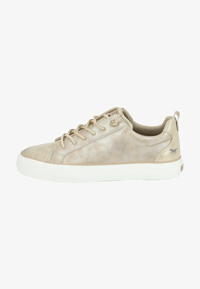 Metallic beige sneaker with textured surface, round toe, lace-up design, padded collar, and white rubber sole. Accented with logo detail.
