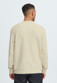 Sudadera beige con un patrón texturizado, cuello redondo y mangas largas. La silueta es holgada, con puños y dobladillo de canalé, vista desde la parte trasera.