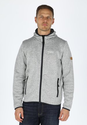 Gray fleece jacket with a hood, zip closure, and two side pockets. Features black accents and a textured pattern. Leather logo patch on sleeve.