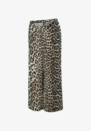 Weite Hosen mit Leopardenmuster in einer Mischung aus Beige, Schwarz und Cremefarben. Hergestellt aus einem leichten Stoff.