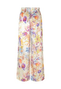 Vloeiende, wijde broek gemaakt van lichtgewicht stof met een multikleurig bloemenpatroon op een lichte achtergrond en een elastische tailleband.