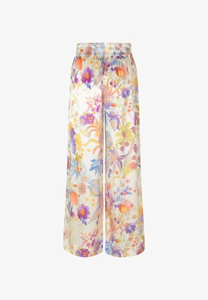 Pantalons fluides et larges en tissu léger, présentant un motif floral multicolore sur fond clair et une taille élastique.