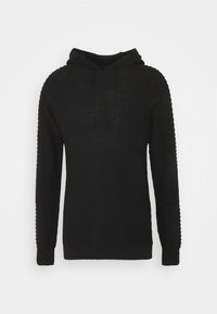 Svart ribbad stickad hoodie med långa ärmar och dragsko, med texturerade ärmpaneler och en åtsittande nederkant.