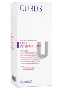 EUBOS Urea Intensive Care lotion box, white with purple and pink text; 10% urea, designed for extremely dry skin, dermatological care.