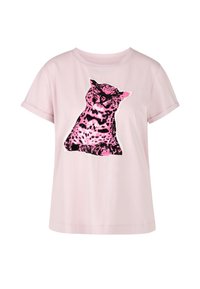 Helles rosa T-Shirt mit kurzen Ärmeln und einem schwarzen und rosa Leopardenmuster-Graphic auf der Vorderseite, mit einem runden Halsauschnitt und lässiger Passform.
