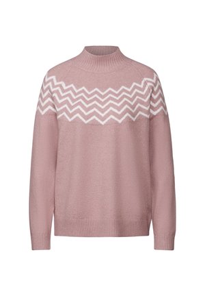 Ljusrosa tröja med hög hals, med ett vitt zigzag-mönster över bröstet, stickad textur och ribbade ärmslut och fåll.