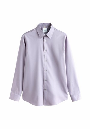 Lavender long-sleeve button-up shirt with a pointed collar and standard cuffs, displayed against a white background.