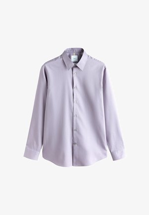 Lavender long-sleeve button-up shirt with a pointed collar and standard cuffs, displayed against a white background.