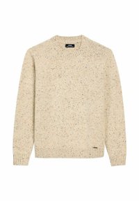 Beżowy sweter z dzianiny z okrągłym dekoltem, zdobiony marmurkowym wzorem w kolorze pomarańczowym, niebieskim i szarym. Żebrowane mankiety i dół dodają faktury.