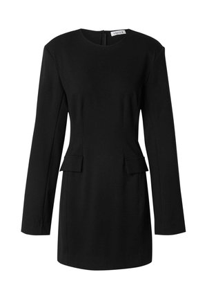 Langärmliges schwarzes Minikleid mit rundem Ausschnitt, strukturierten Schultern und zwei seitlichen Klappentaschen, Reißverschluss hinten.