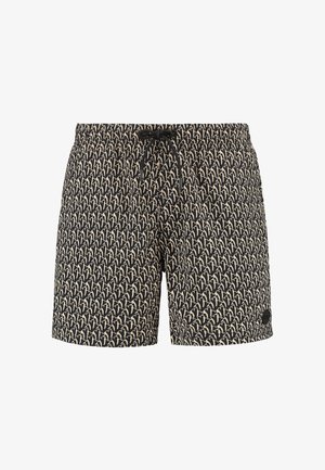 Pantaloni da bagno neri con un motivo astratto beige, vita elastica con cordoncino e piccolo logo in accento nella parte inferiore destra.