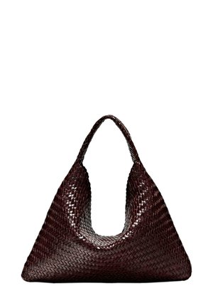 Woven handbag in dark brown, featuring a triangular shape and a single wide handle. Smooth texture with a consistent braided pattern.
