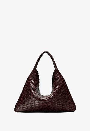 Woven handbag in dark brown, featuring a triangular shape and a single wide handle. Smooth texture with a consistent braided pattern.