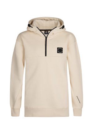 Sudadera de color crema hecha de tela suave. Presenta un diseño de media cremallera, bolsillo canguro y un parche de logo negro en el pecho. Puños texturizados.