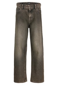 Jeans in denim a gamba larga di un grigio sfumato, con una leggera trama. Presentano una chiusura con bottone, cinque tasche e dettagli di cucitura visibili.