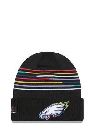 Berretto lavorato a maglia nero con strisce multicolori e logo aquila ricamato sul davanti. Presenta un risvolto e materiale testurizzato.
