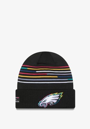 Berretto lavorato a maglia nero con strisce multicolori e logo aquila ricamato sul davanti. Presenta un risvolto e materiale testurizzato.