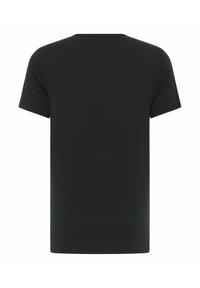 T-shirt nera a maniche corte con scollo rotondo, caratterizzata da una texture liscia in cotone e un taglio dritto classico. Nessun motivo o accento visibile.
