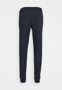 Dunkelblau tapered Sweatpants mit elastischem Bund und Bündchen, von vorne vor einem weißen Hintergrund gezeigt.