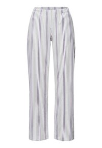 Elastische taille pyjamabroek in het wit met verticale paarse en beige strepen. Lichtgewicht stof, recht model en zonder zichtbare hardware.