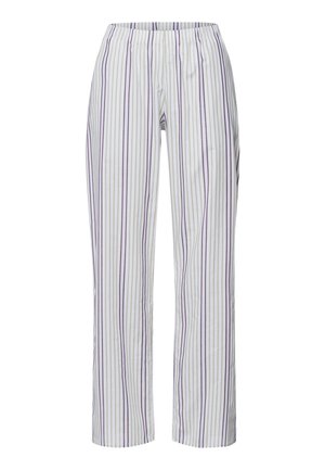 Elastische taille pyjamabroek in het wit met verticale paarse en beige strepen. Lichtgewicht stof, recht model en zonder zichtbare hardware.