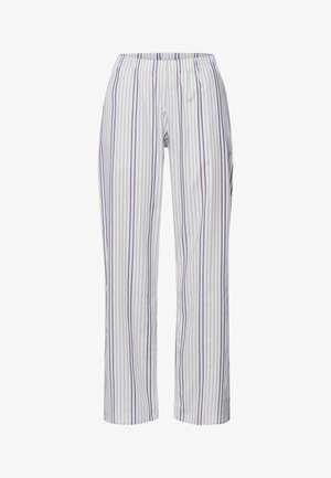 Pantalones de pijama de cintura elástica en blanco con rayas verticales moradas y beige. Tejido ligero, diseño de pierna recta y sin elementos metálicos visibles.