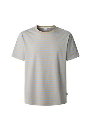 T-shirt à manches courtes rayé en beige clair et bleu bébé. Fabriqué en coton, il possède un col rond et un petit logo sur la poitrine.