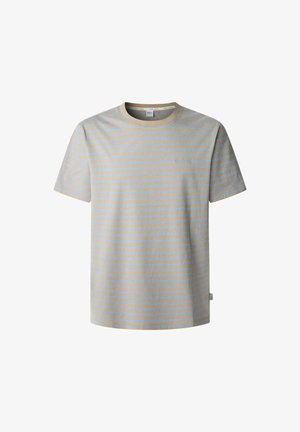 Rööbastee lühikeste varrukatega T-särk heledas beežis ja beebisinises. Valmistatud puuvillast, omab ümarat kaelust ja väikest logo rinnal.