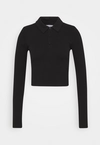 Zwarte langärmeg croptop polo gemaakt van ribgebreide stof, met een klassieke kraag en drie knopen voor sluiting.