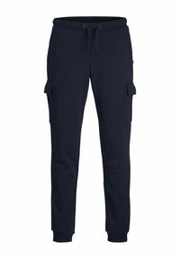 Pantalons de jogging bleu marine en mélange de coton, dotés d'une taille élastique avec cordon de serrage, poches cargo latérales et finitions côtelées.