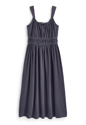 Robe midi sans manches gris foncé avec buste froncé, lien ajustable à l'encolure et taille élastique.