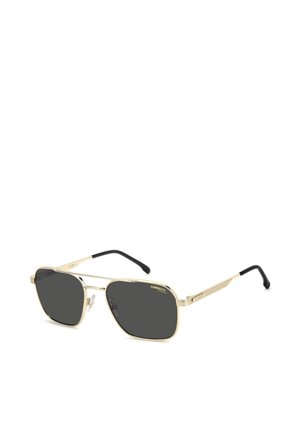 Gold-framed rectangular sunglasses with dark lenses and black temple tips, shown against a white background.