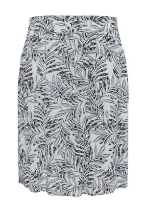 Blumiger Rock mit hoher Taille, ausgestattet mit einem hellblauen Hintergrund und dunklen Blättermustern. Hergestellt aus einem weichen Stoff mit glatter Textur.
