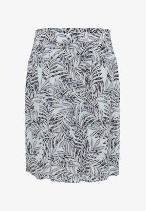 Blomstret nederdel med høj talje, prydet med en lyseblå baggrund og mørke bladmønstre. Fremstillet af blødt stof med en glat tekstur.