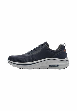 Dark blue athletic sneaker with mesh upper, white thick sole, laces, and "MTSPORT" branding on the sole side and heel tab.