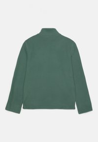Grön fleece-pullover med hög krage, långa ärmar och en slät yta. Ingen synlig hårdvara eller mönster. Bakifrån.