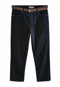 Dark blue corduroy pants with a straight cut. Features a brown leather belt with a silver buckle and front pockets. Textured fabric.
