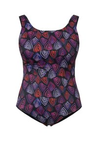 Yhdistelemällä musta yksiolkaiminen uimapuku, jossa on värikäs kuvio päällekkäisistä pisaramaisista muodoista violetissa, punaisessa ja valkoisessa. Paksut olkahihnat.