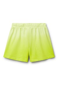 Pantaloni corti in cotone di colore verde lime con una cintura elastica e una superficie leggermente testurizzata. Il design presenta un colore uniforme senza motivi.