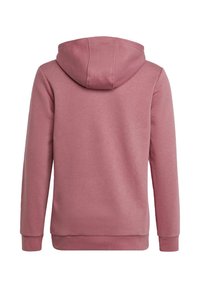 Mikina s kapucí v měkké růžové tkanině, s hladkým povrchem, žebrovanými manžetami a klokaní kapsou na přední straně. Zobrazeno ze zadní strany.