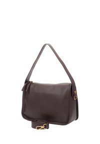 Brown leather handbag with a smooth texture, featuring a top zip closure, adjustable strap, and gold-tone hardware accents.